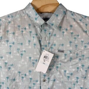 Columbia PFG Fishing Shirt Men Medium Blue Fly Lure Short Sleeve Omni-Tech Vent